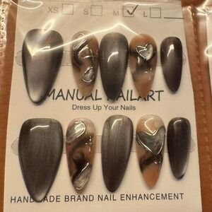 Press‎ On Nails Almond Brown Marble Swirl Heart Handmade Nail Art